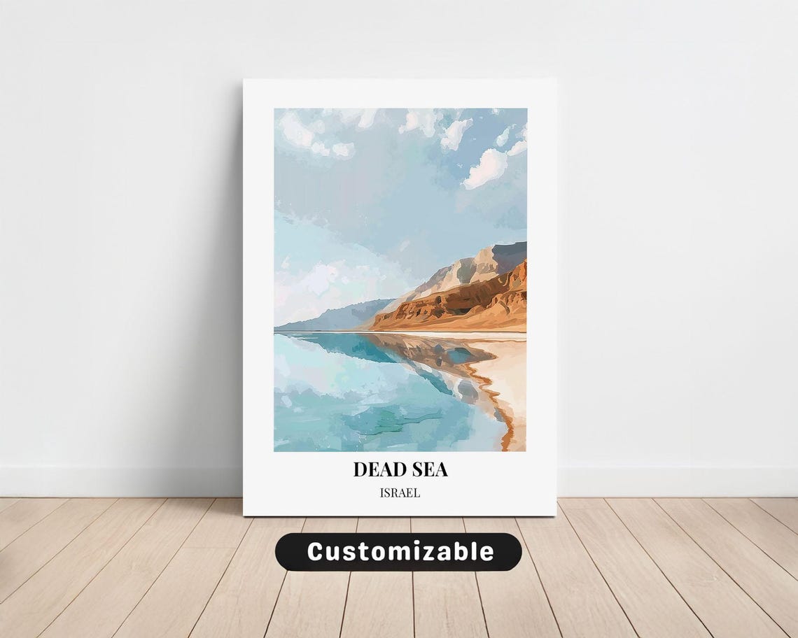 Dead Sea Israel Travel Print Turquoise Water Salt Shore Mountain Scene
