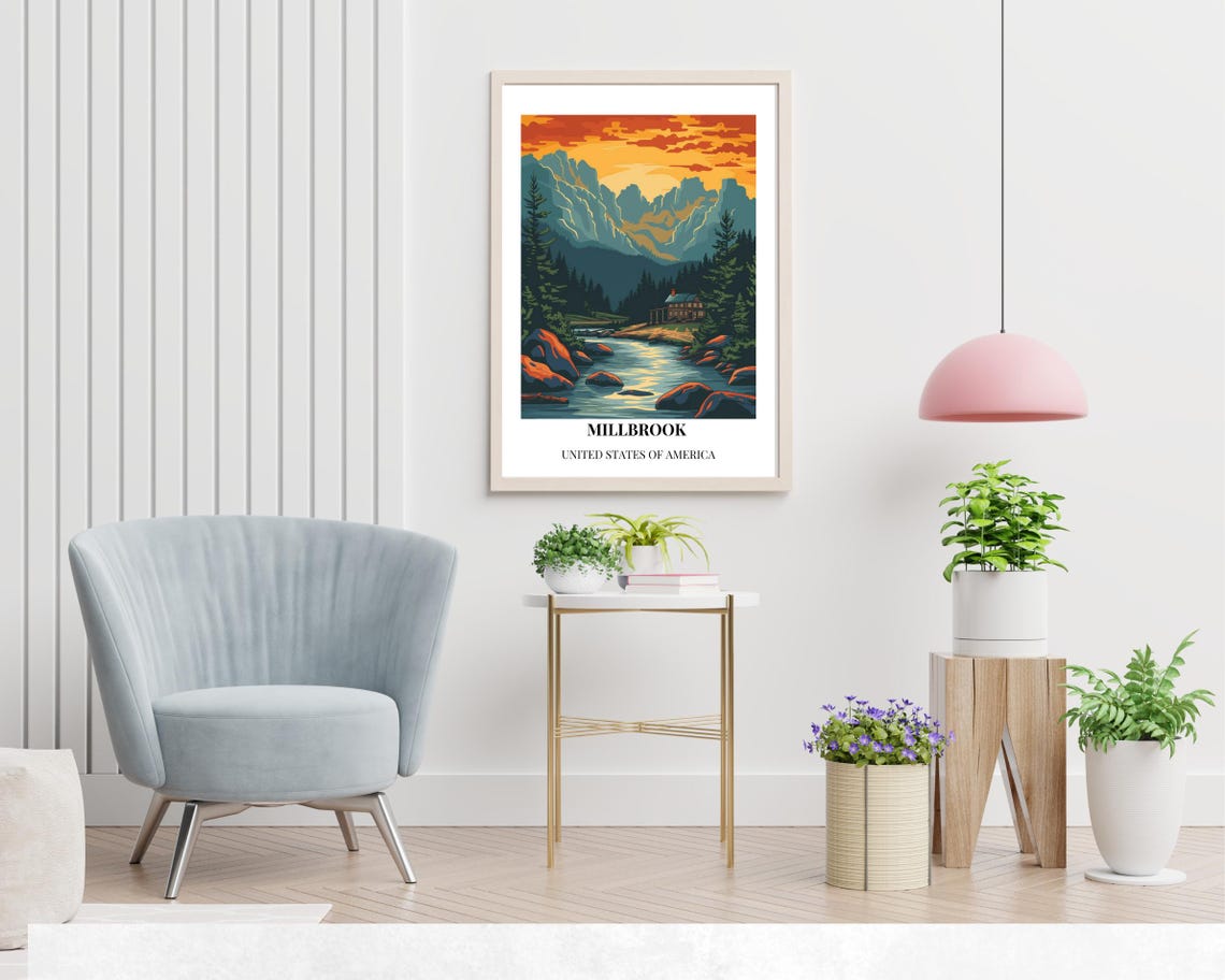 Millbrook Mountain River Cabin Travel Poster with Black Title - Image 2