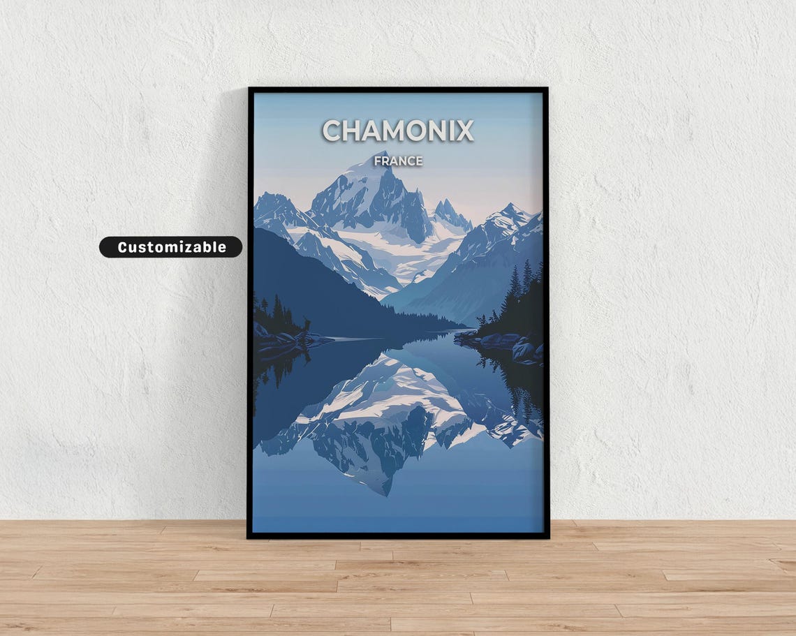 Chamonix France Snowy Peaks Lake Reflection Customizable Travel Poster