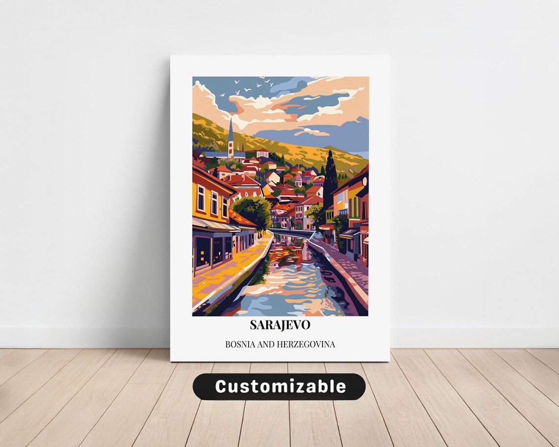 Sarajevo Bosnia Herzegovina Retro River Old Town Travel Poster