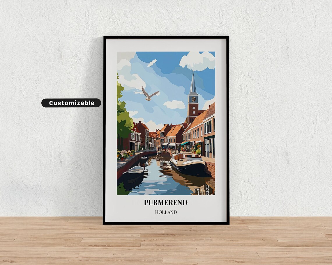 Purmerend Holland Canal Boats Church Tower Vintage Travel Poster