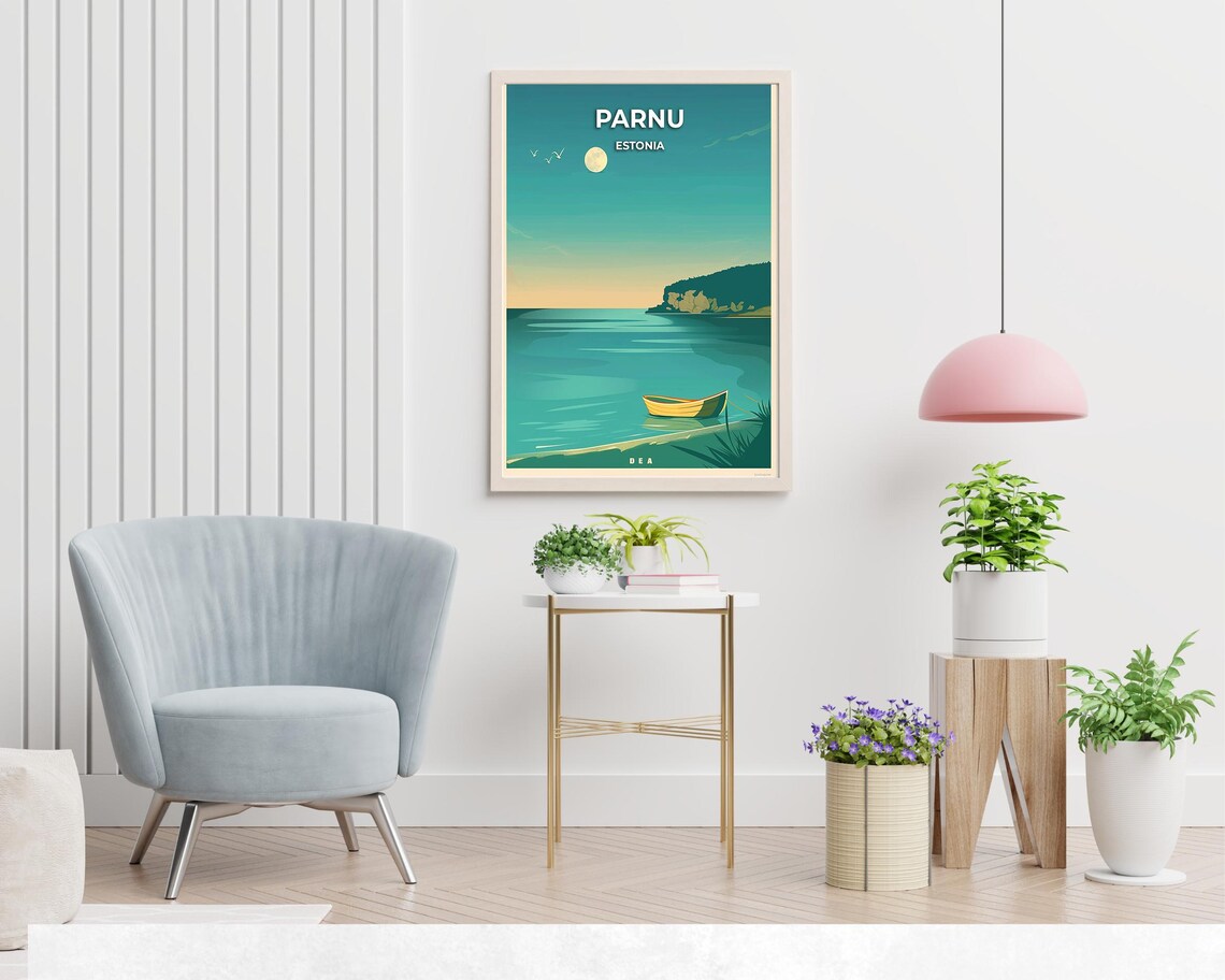 Parnu Estonia Moonlit Sea Rowboat Coast Vintage Travel Poster - Image 2