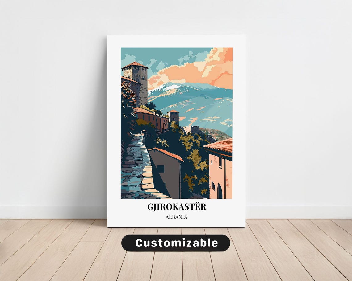 Gjirokaster Albania Stone Town Castle Tower Mountain Travel Poster