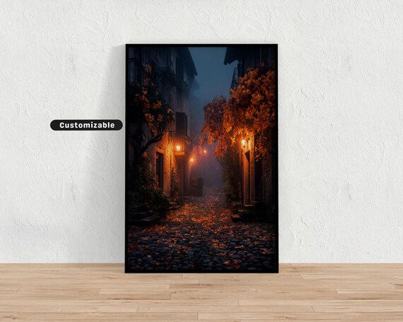 Lantern Lit Cobblestone Alley on a Foggy Autumn Night Wall Art