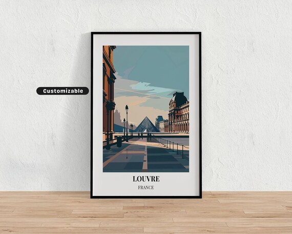 Louvre France Glass Pyramid Courtyard Iconic Vintage Travel Poster