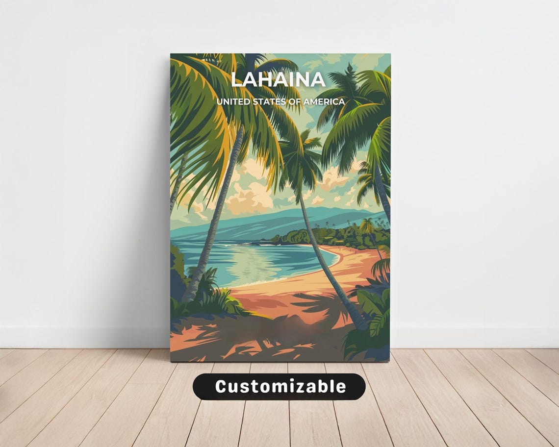 Lahaina Hawaii Vintage Retro Travel Beach Scene Palm Trees Poster