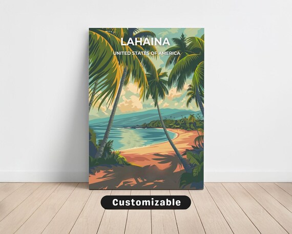Lahaina Hawaii Vintage Retro Travel Beach Scene Palm Trees Poster