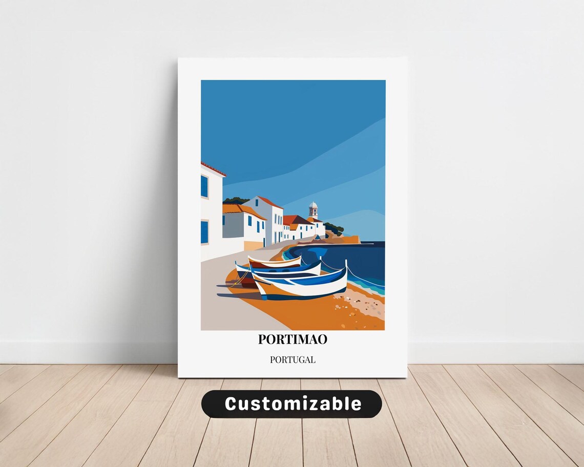 Portimao Portugal Fishing Boats Golden Beach Vintage Travel Poster