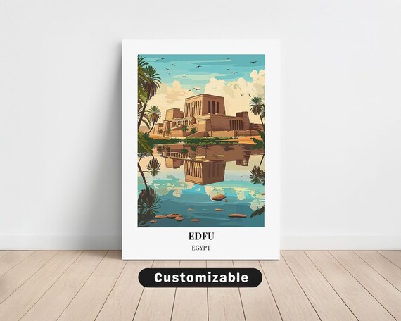 Edfu Egypt Travel Poster with Temple Reflection on Water Palms and Birds