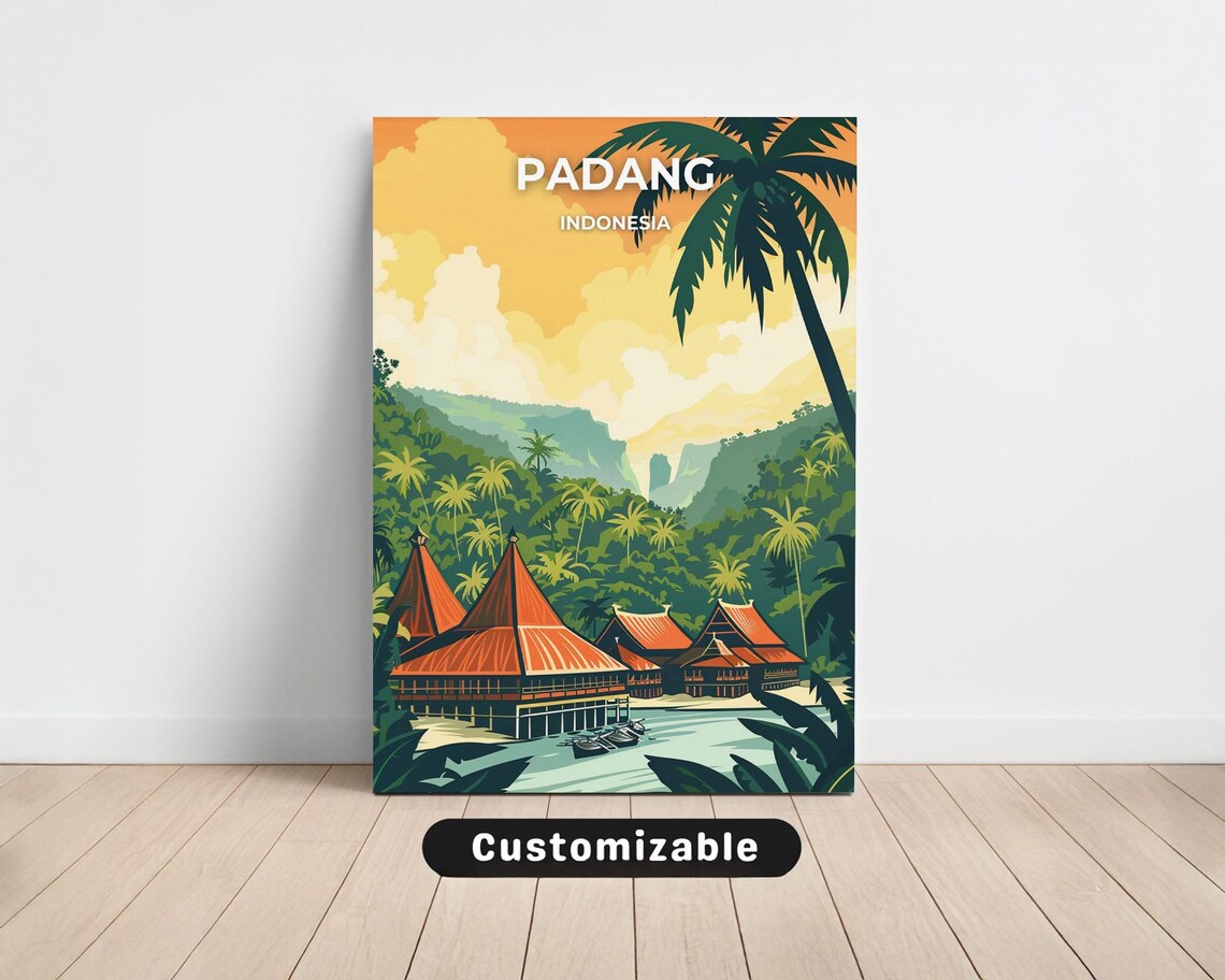 Padang Indonesia Traditional Houses Sunset Vintage Travel Art Poster