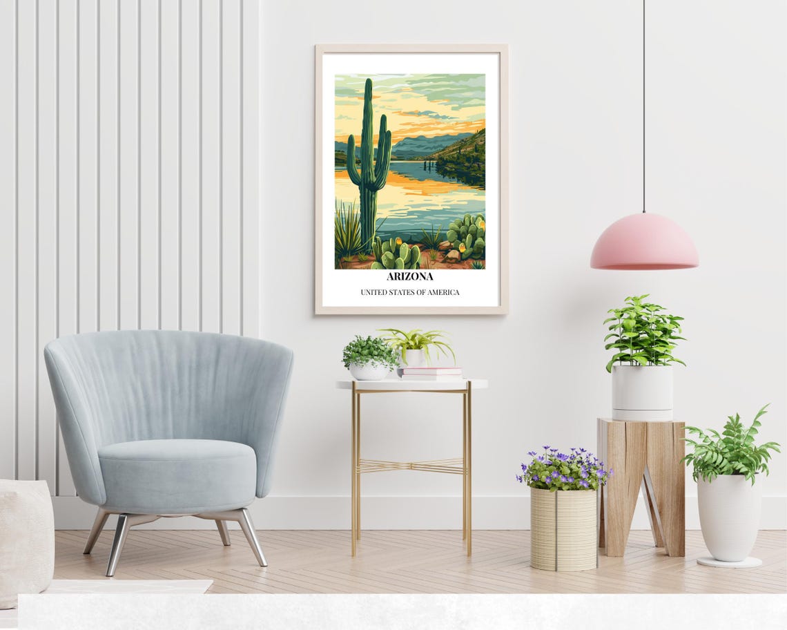 Arizona Desert Saguaro Cactus Lake Sunset Scene Travel Poster - Image 2
