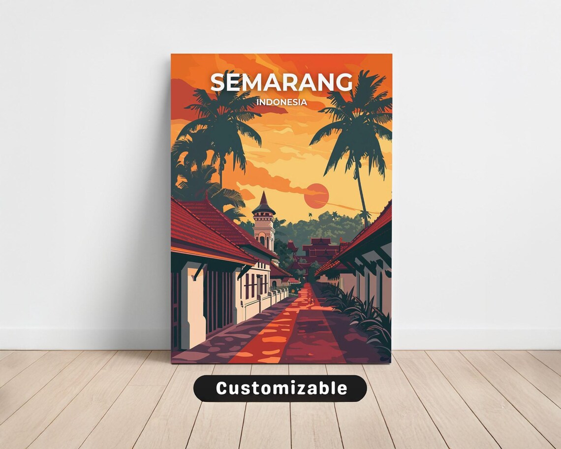 Semarang Indonesia Sunset Old Town Street Vintage Travel Poster