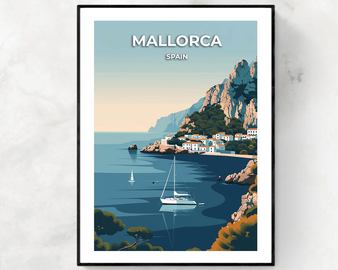 Mallorca Spain Sailboat Cove Cliffside Scene Serene Travel Poster