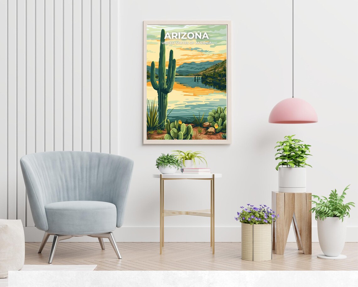 Arizona Saguaro Cactus Desert Lake Golden Hour Sunset Travel Print - Image 2