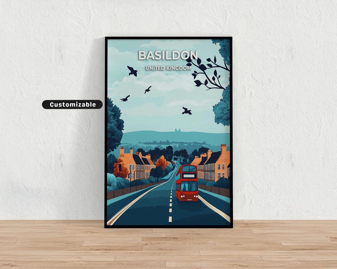 Basildon United Kingdom Red Bus Street Road Scene Travel Poster