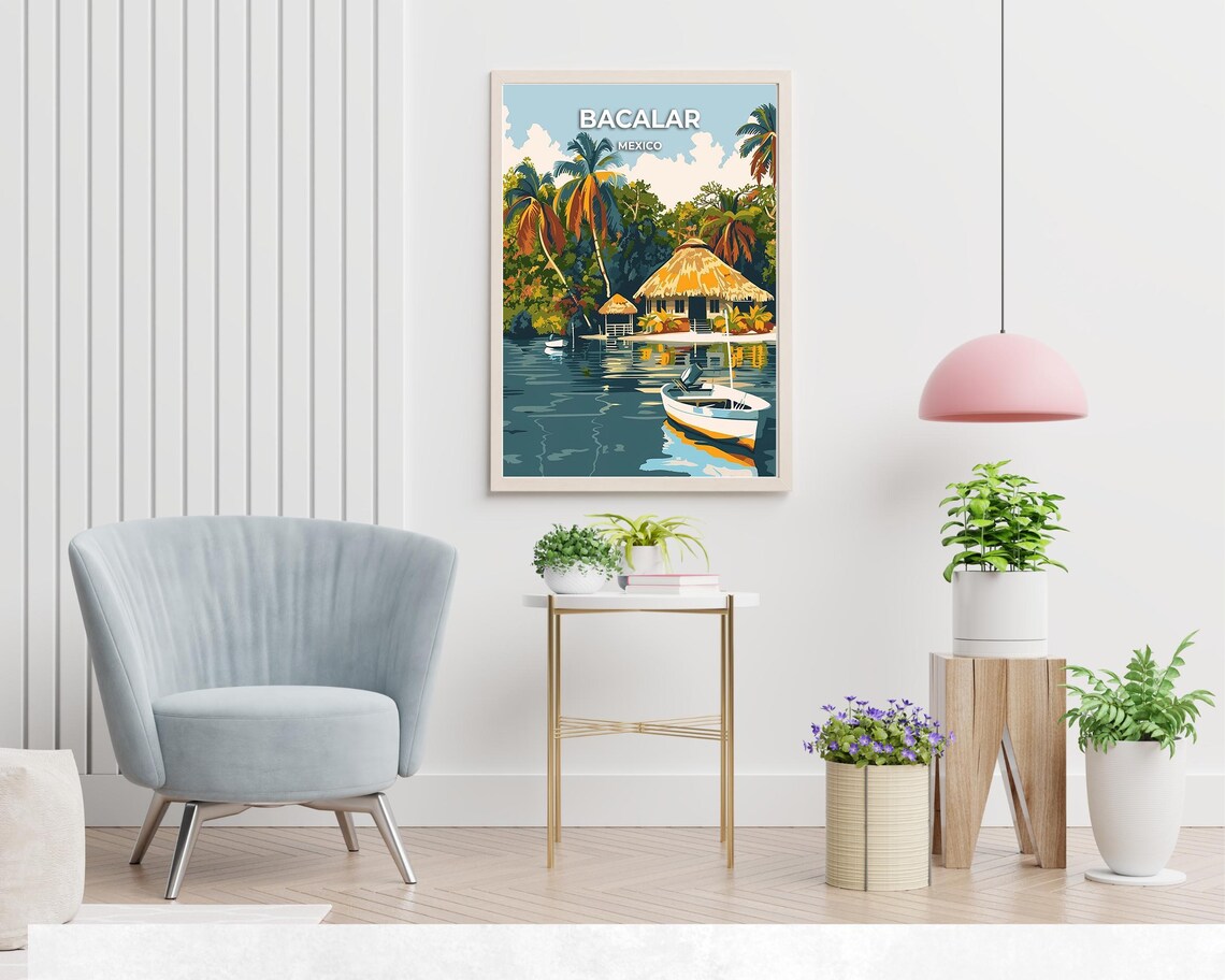 Bacalar Mexico Lagoon Palapa Hut and Fishing Boat Travel Poster - Image 2