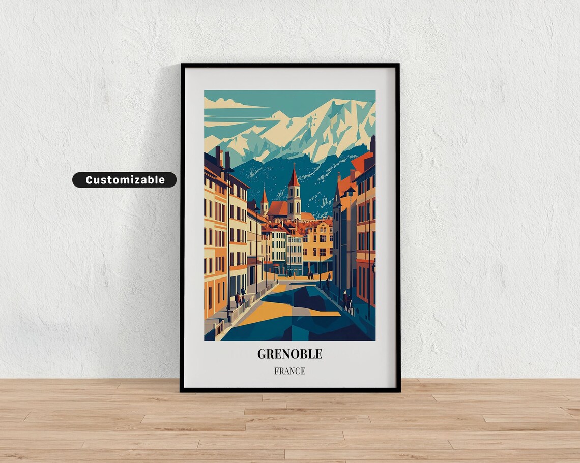 Grenoble France Alpine Old Town Mountains Vintage Travel Poster