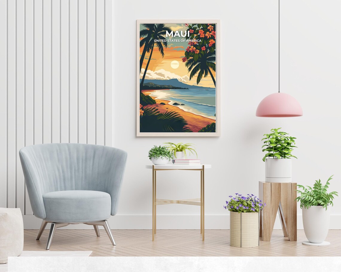 Maui USA Tropical Island Beach Sunset Hibiscus Palm Fronds Art Poster - Image 2
