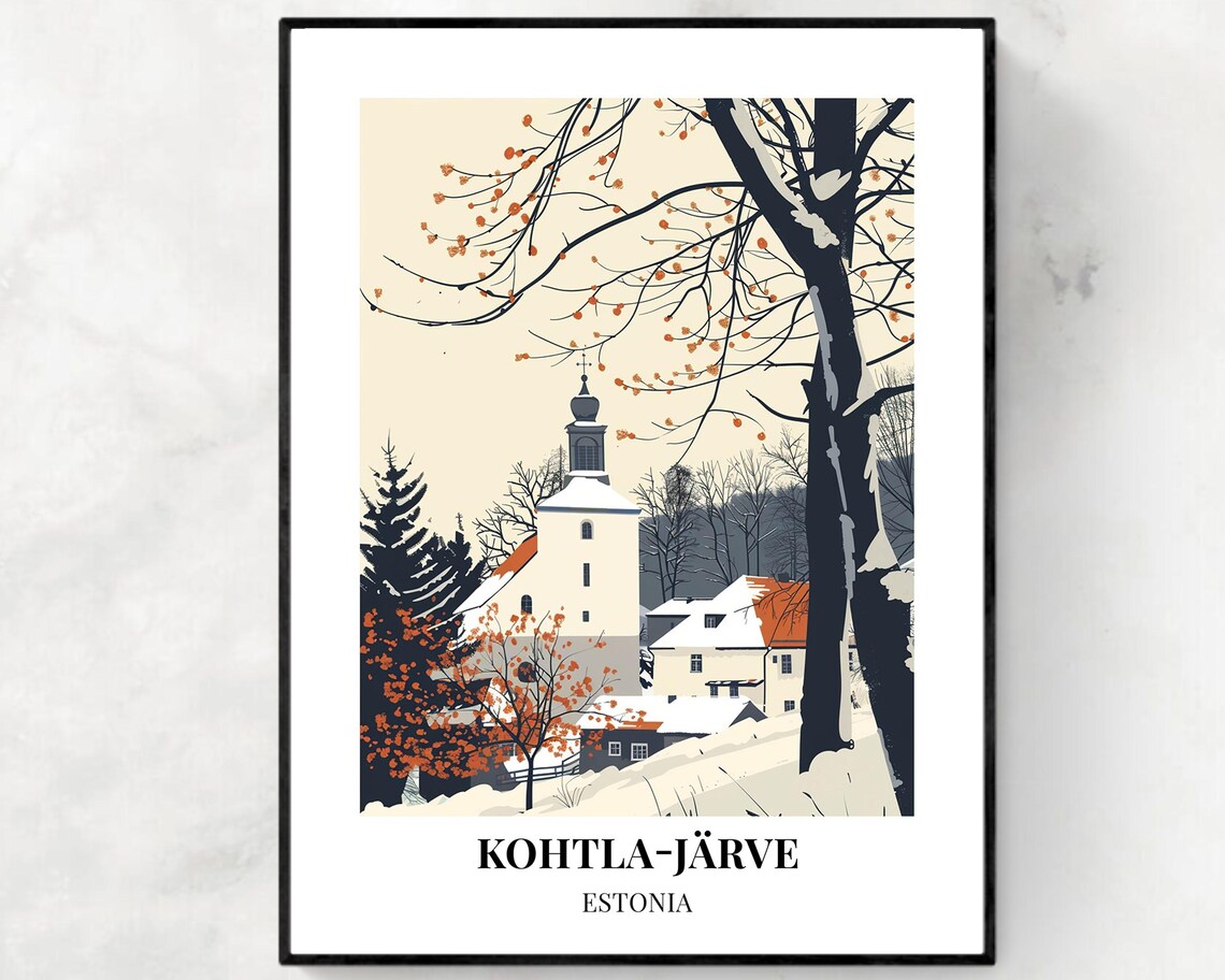 Kohtla-Jarve Estonia Snowy Village Church Winter Scene Poster