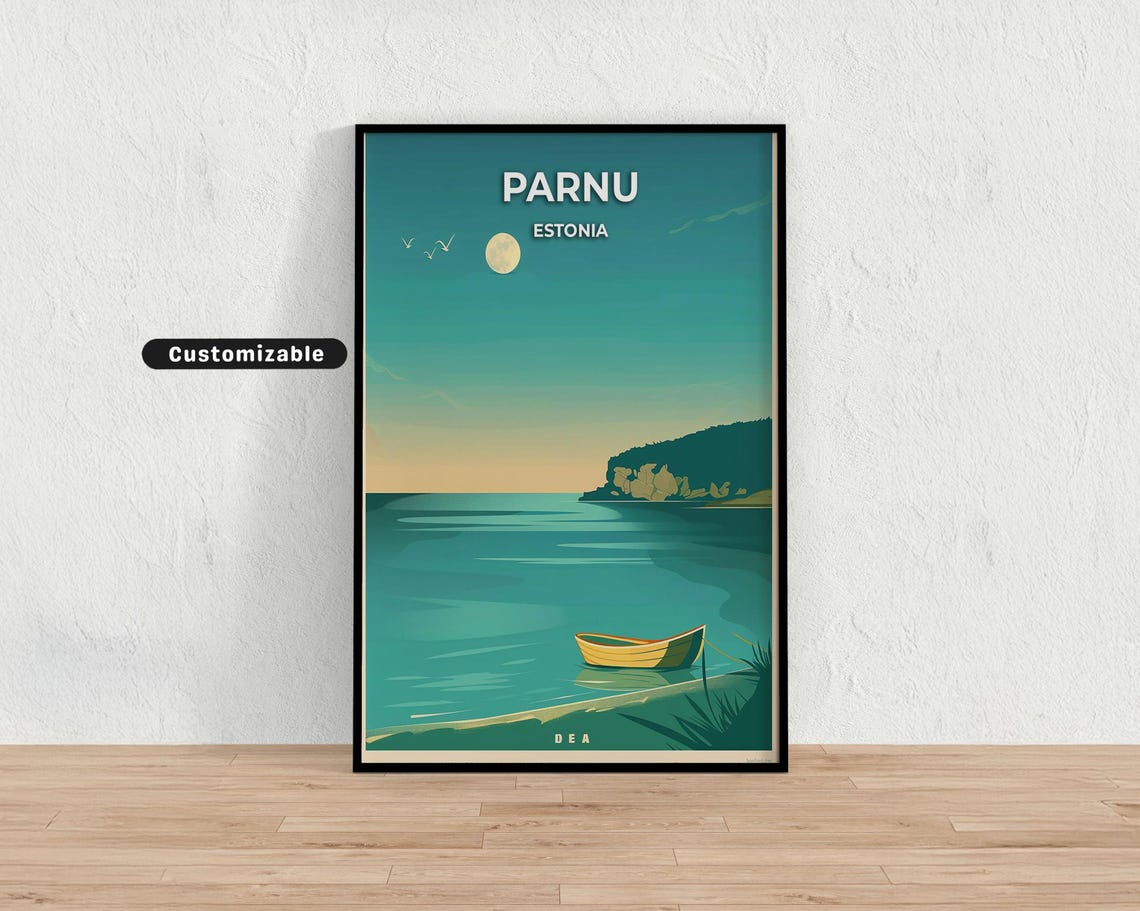Parnu Estonia Moonlit Baltic Sea Rowboat Vintage Travel Poster