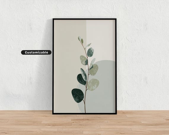 Calm Minimalist Print With Pale Green Leaf Stem Minimal Botanical Wall Art Neutral Nature