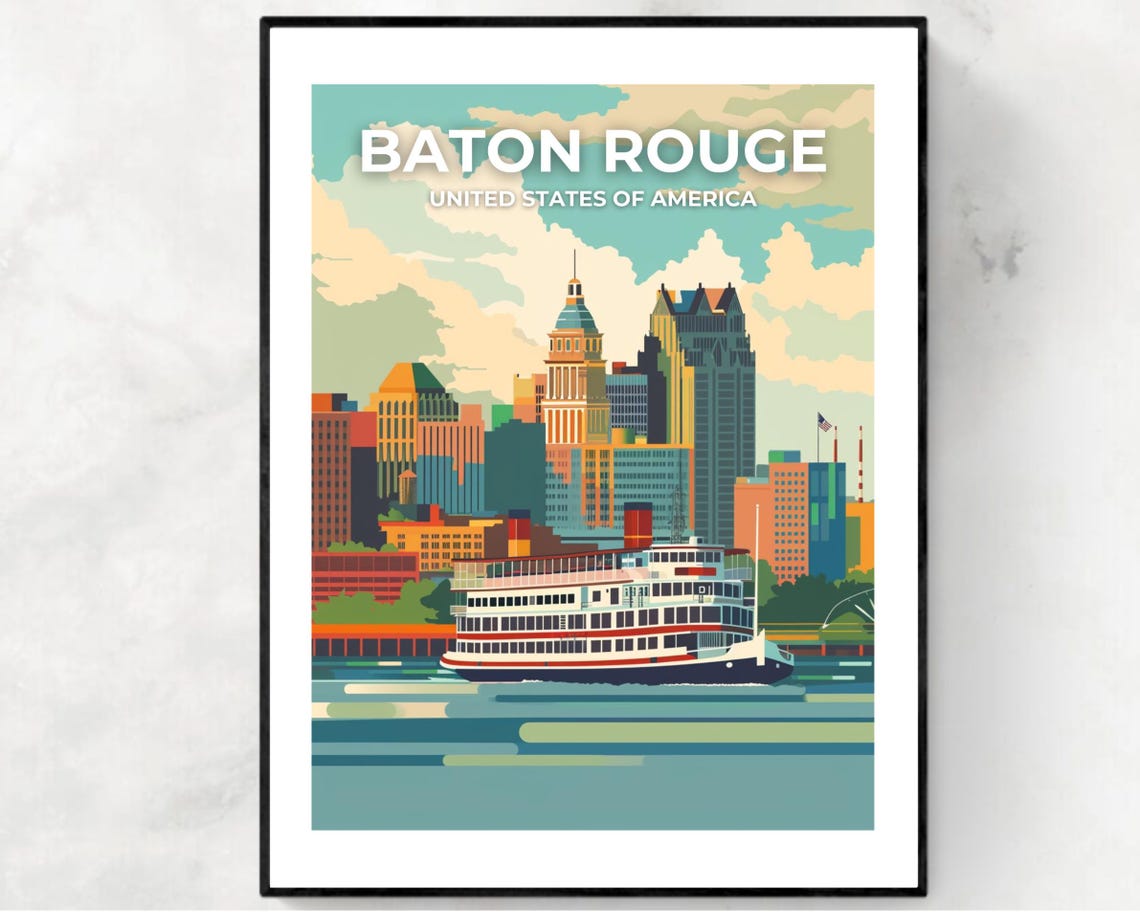 Baton Rouge Louisiana Skyline Riverboat Modern Travel Poster