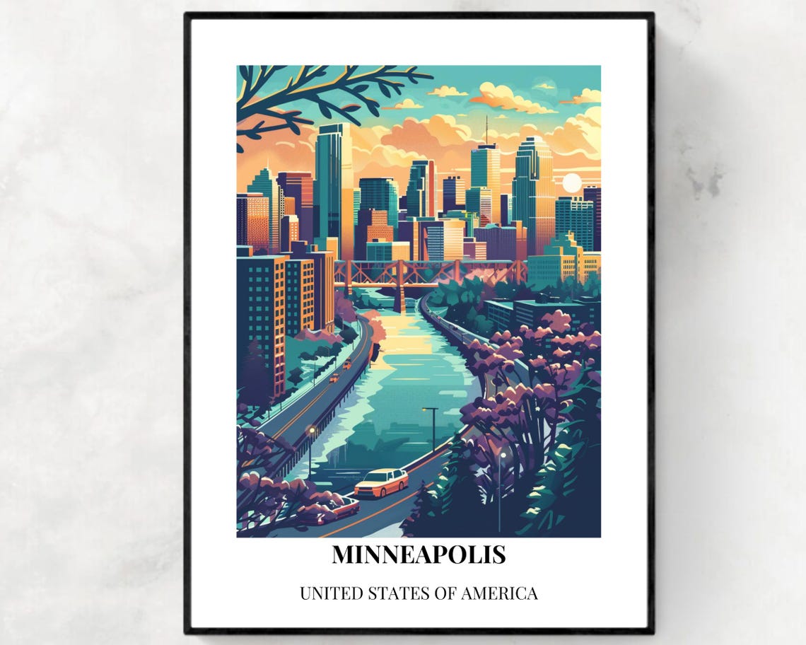 Minneapolis Minnesota Skyline Sunset River Bridge Travel Poster