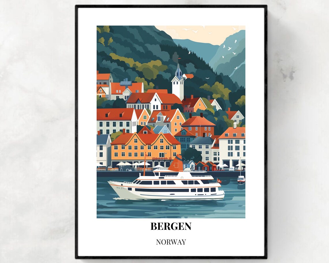Bergen Norway Colorful Harbor Bryggen Houses Fjords Travel Poster