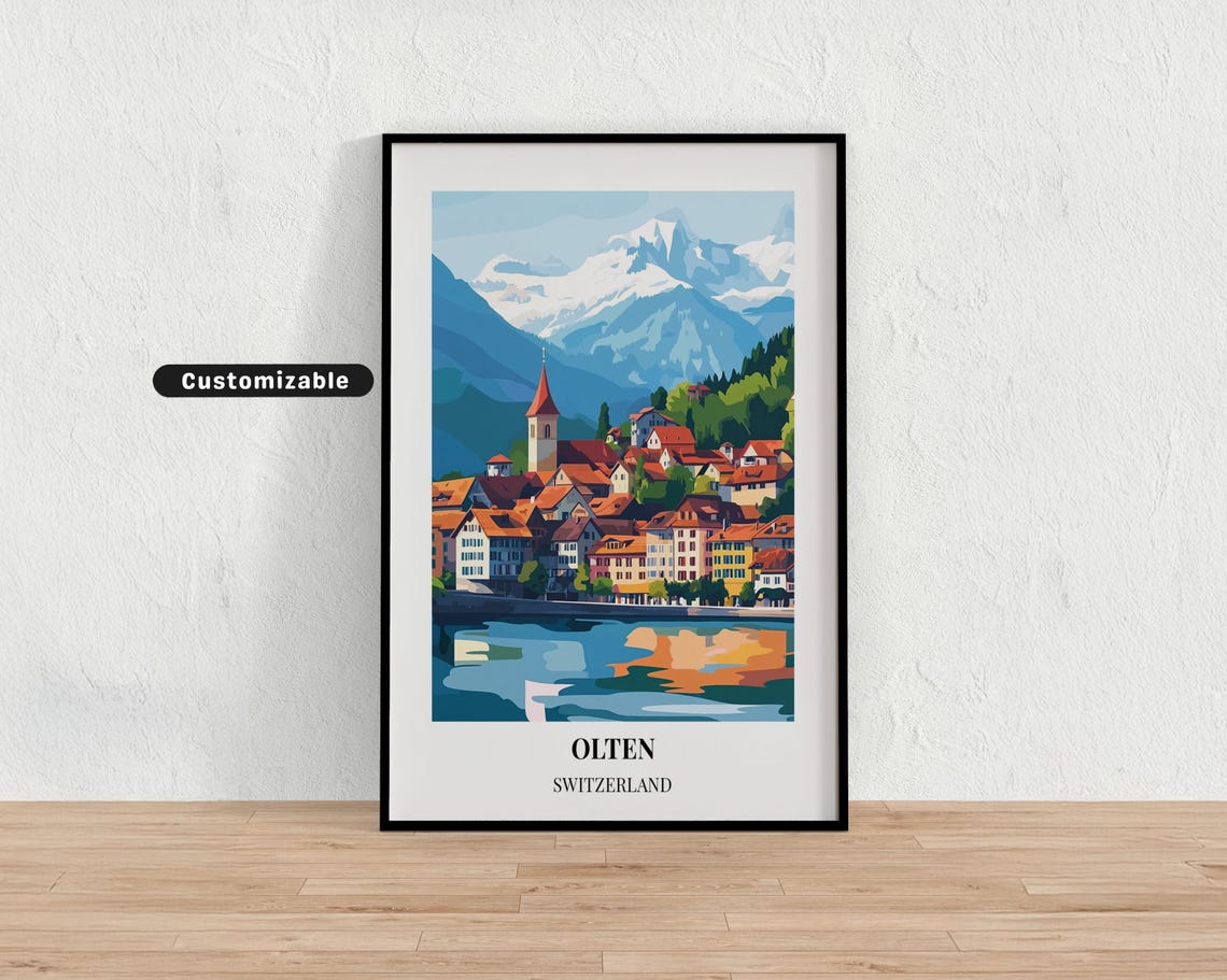 Olten Switzerland Old Town River Snow Peak Mountain Travel Poster