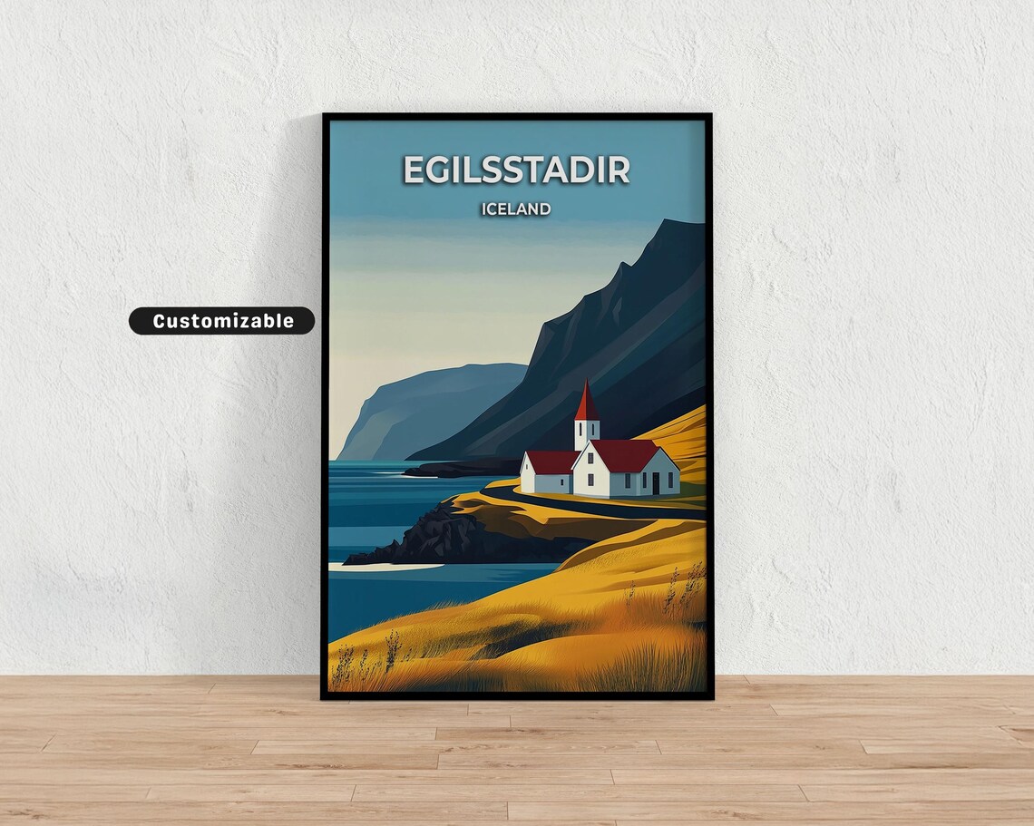 Iceland White Coastal Church Golden Hillside Vintage Travel Poster