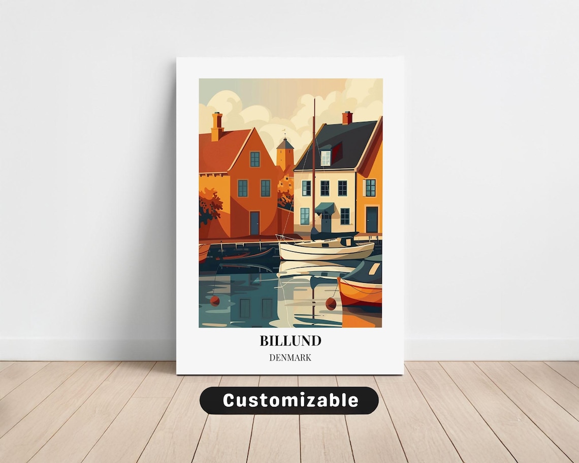 Billund Denmark Harbor Boats Colorful Houses Travel Poster Art