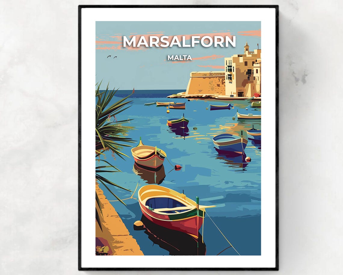 Marsalforn Malta Colorful Fishing Boats Harbour Illustration Poster