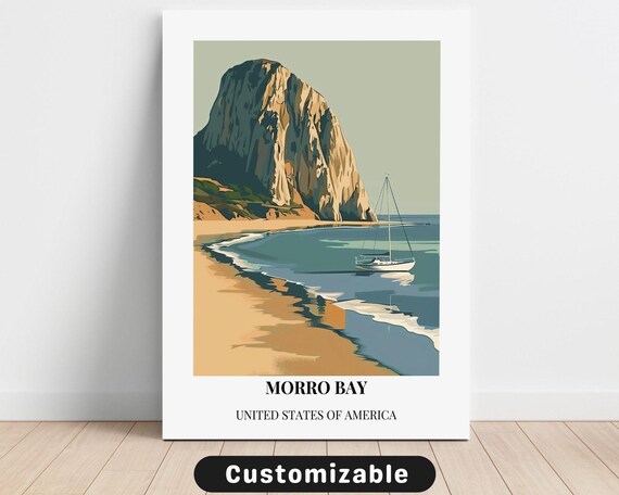 Morro Bay Rock Sailboat Beach Vintage Style Travel Illustration Poster