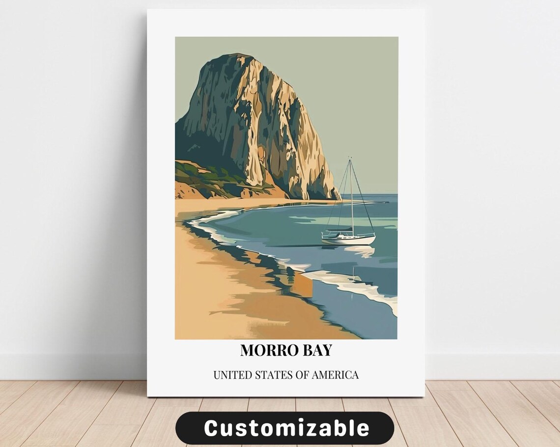 Morro Bay Rock Sailboat Beach Vintage Style Travel Illustration Poster