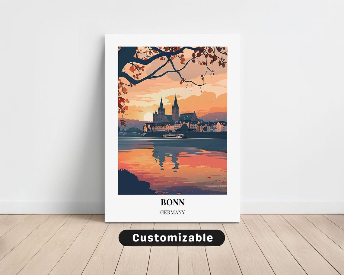 Bonn Germany Sunset River Cathedral Scenic Vintage Travel Poster