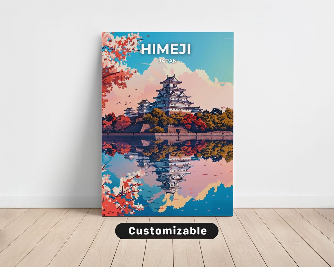 Himeji Japan Castle Reflection Cherry Blossom Travel Art Poster