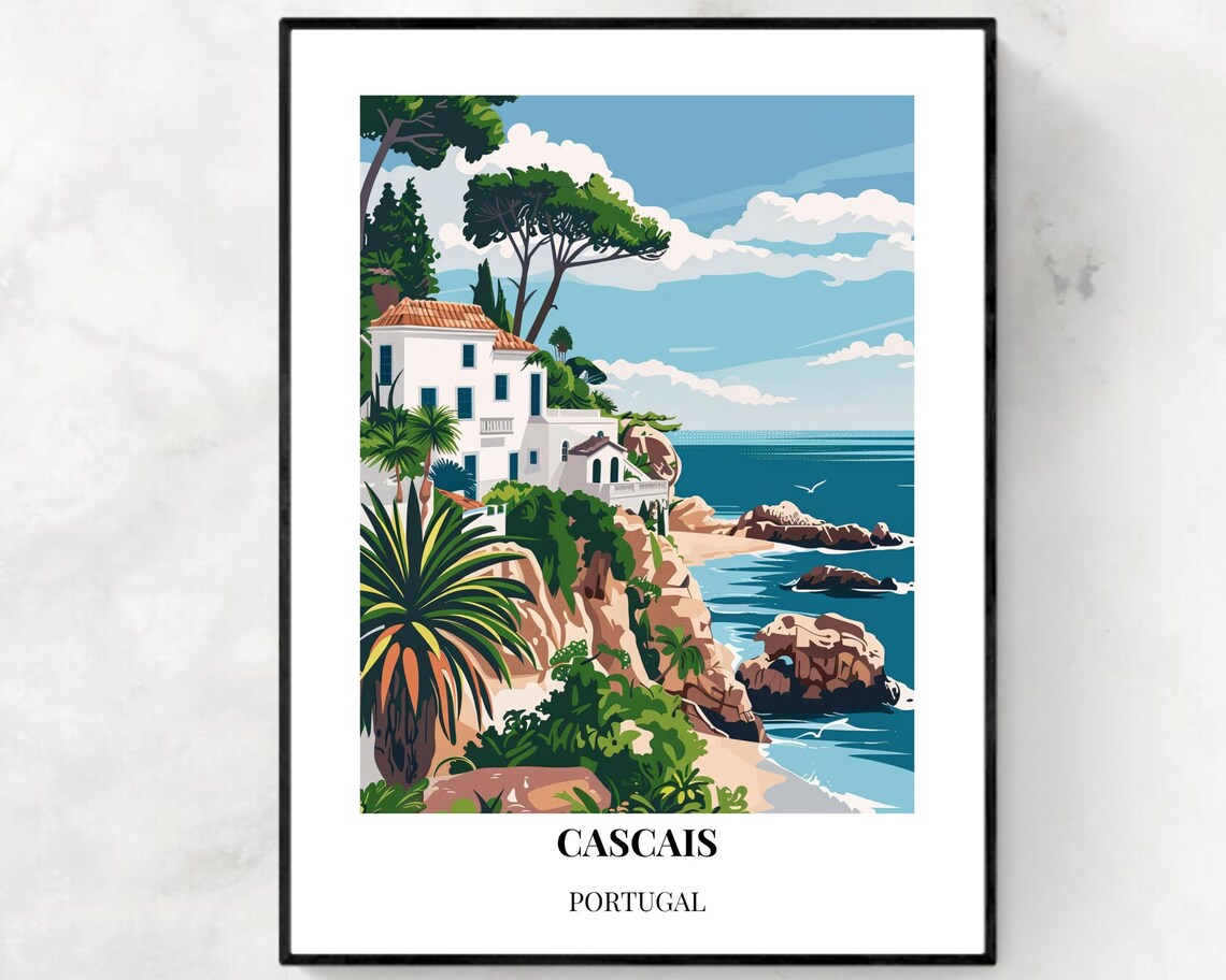 Cascais Portugal Rocky Cove Beach Villa Blue Ocean Travel Poster