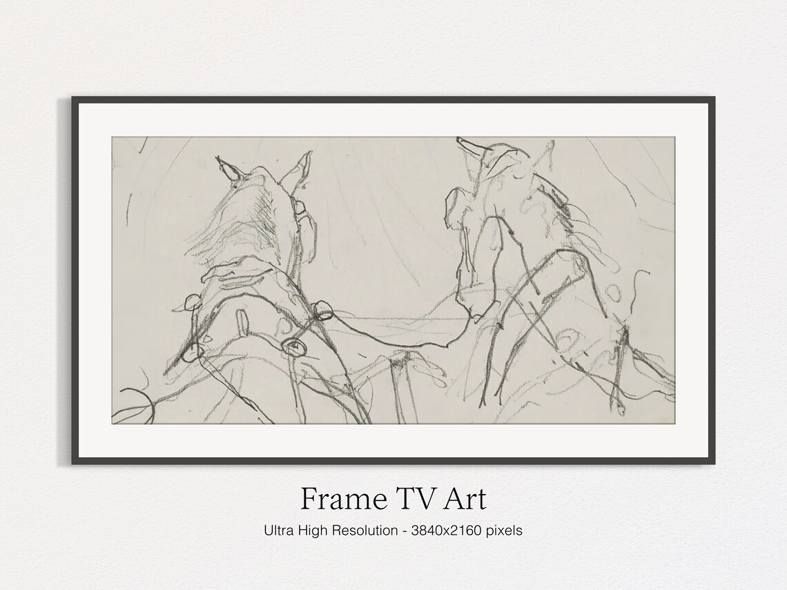 Two Harnessed Horses Minimalist Pencil Sketch Vintage Equine Art Print - Image 4
