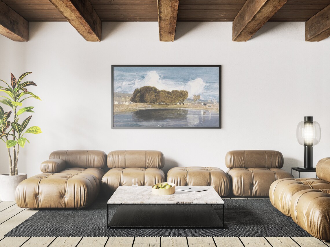 Summer Pond and Oak Trees in Blue Sky Vintage Countryside Art Print - Image 3