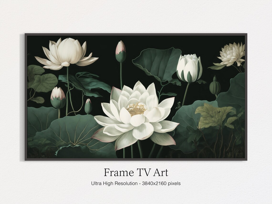 White Lotus Flowers Botanical Painting Dark Floral Wall Art Print