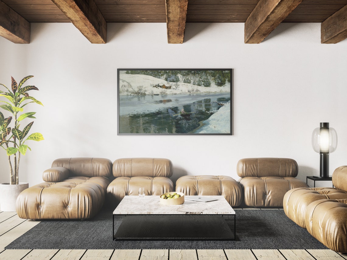 Frame Tv Art Christmas Vintage Winter Lake Painting Winter Oil Landscape Christmas Tv Art Moody Christmas - Image 3