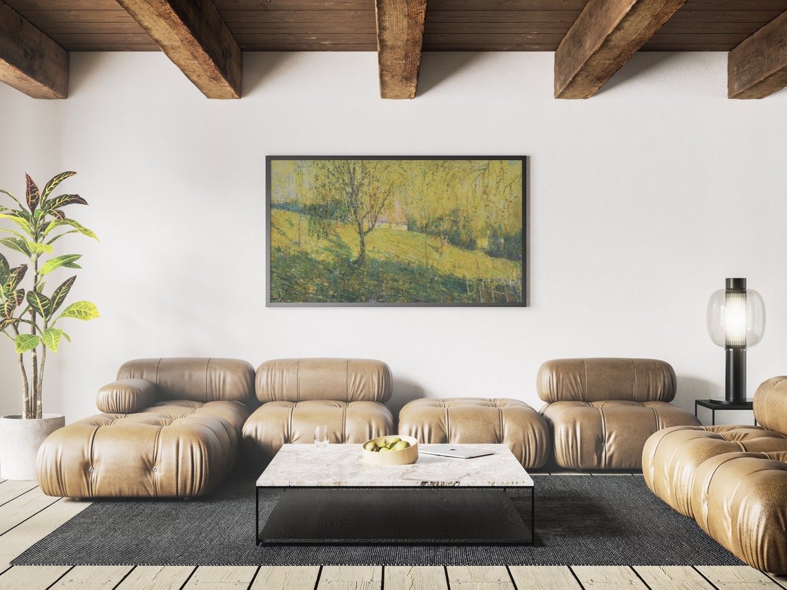 Golden Spring Park with Willow Trees Vintage Impressionist Art Print - Image 3