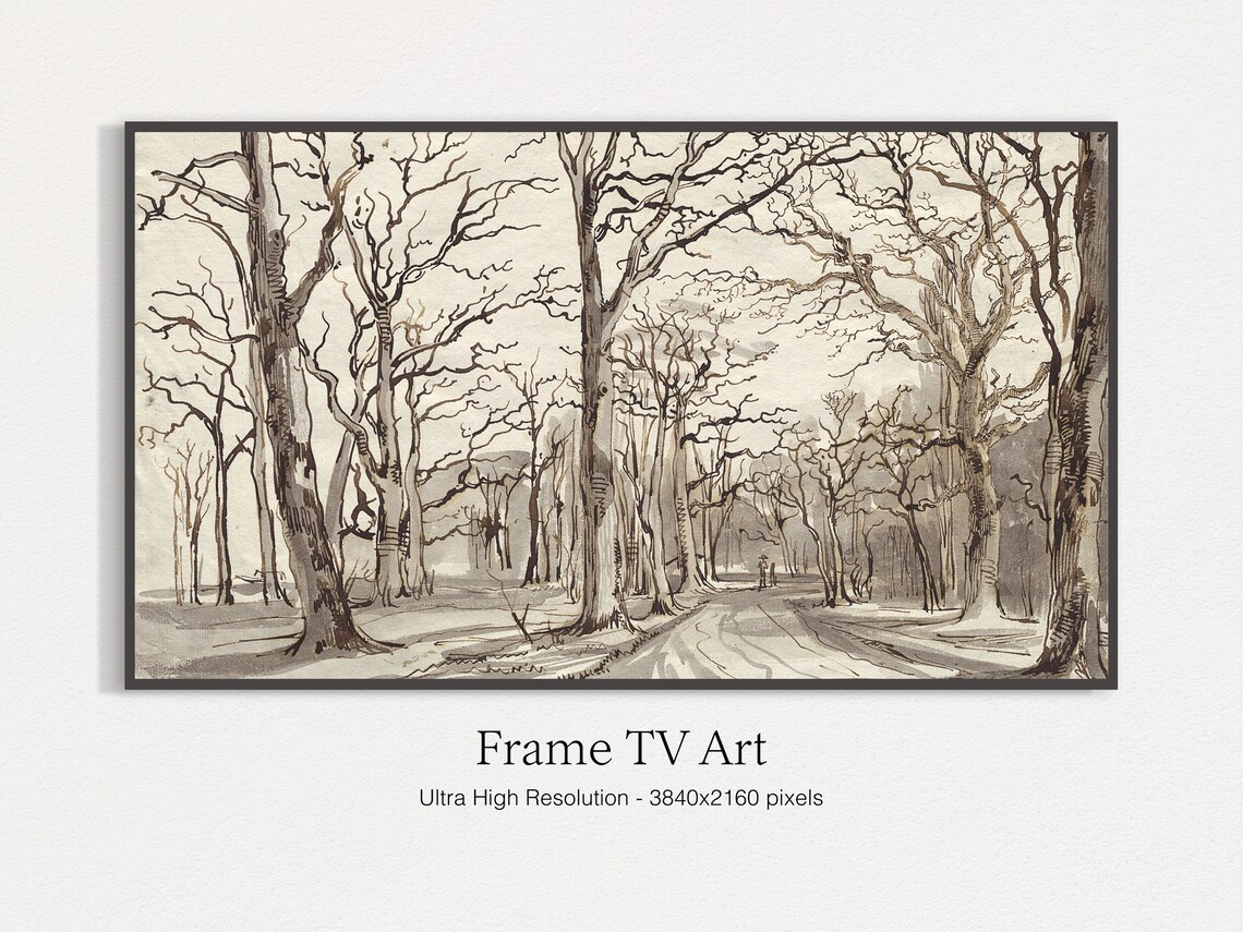 Bare Winter Woodland Road Ink and Wash Vintage Landscape Art Print