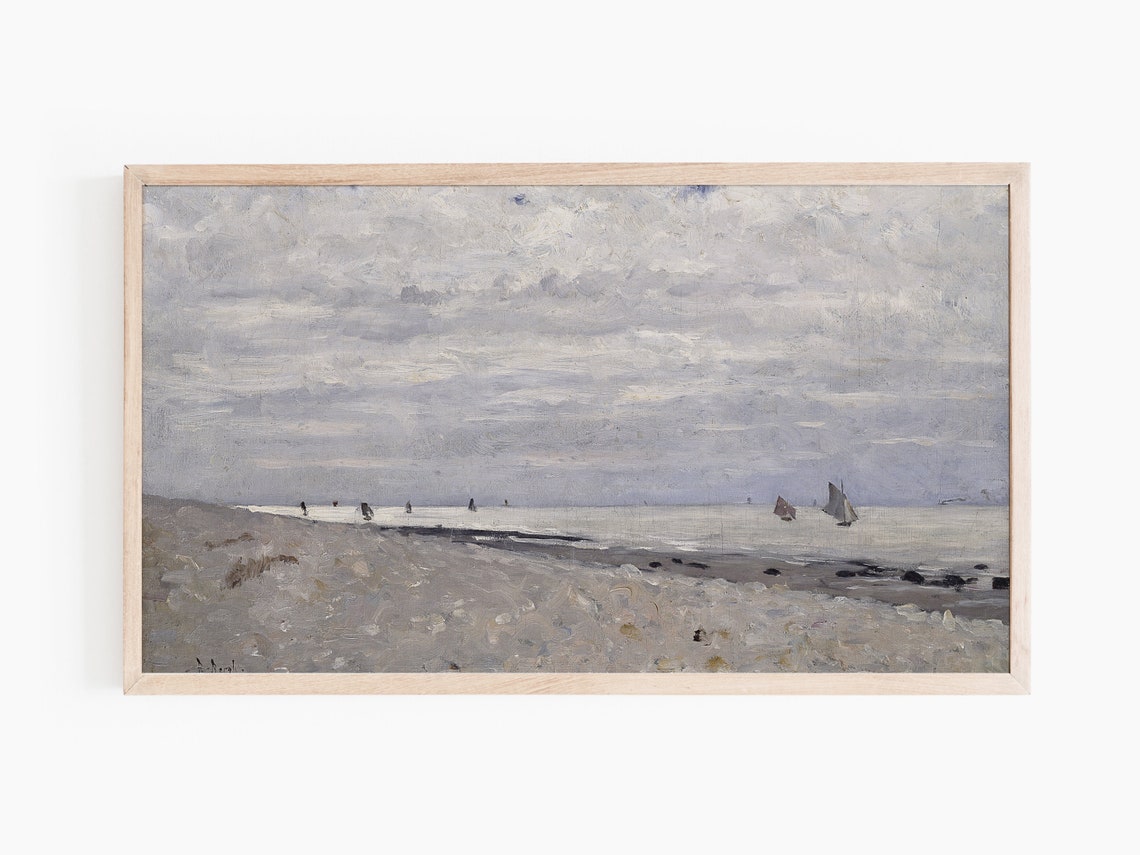 Sailboats on a Quiet Beach Shore Vintage Muted Seascape Art Print - Image 2