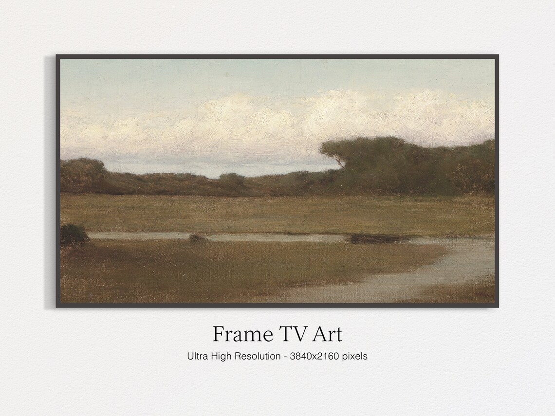 Vintage Meadow Marsh Oil Painting Winding Stream Cloudy Sky Poster