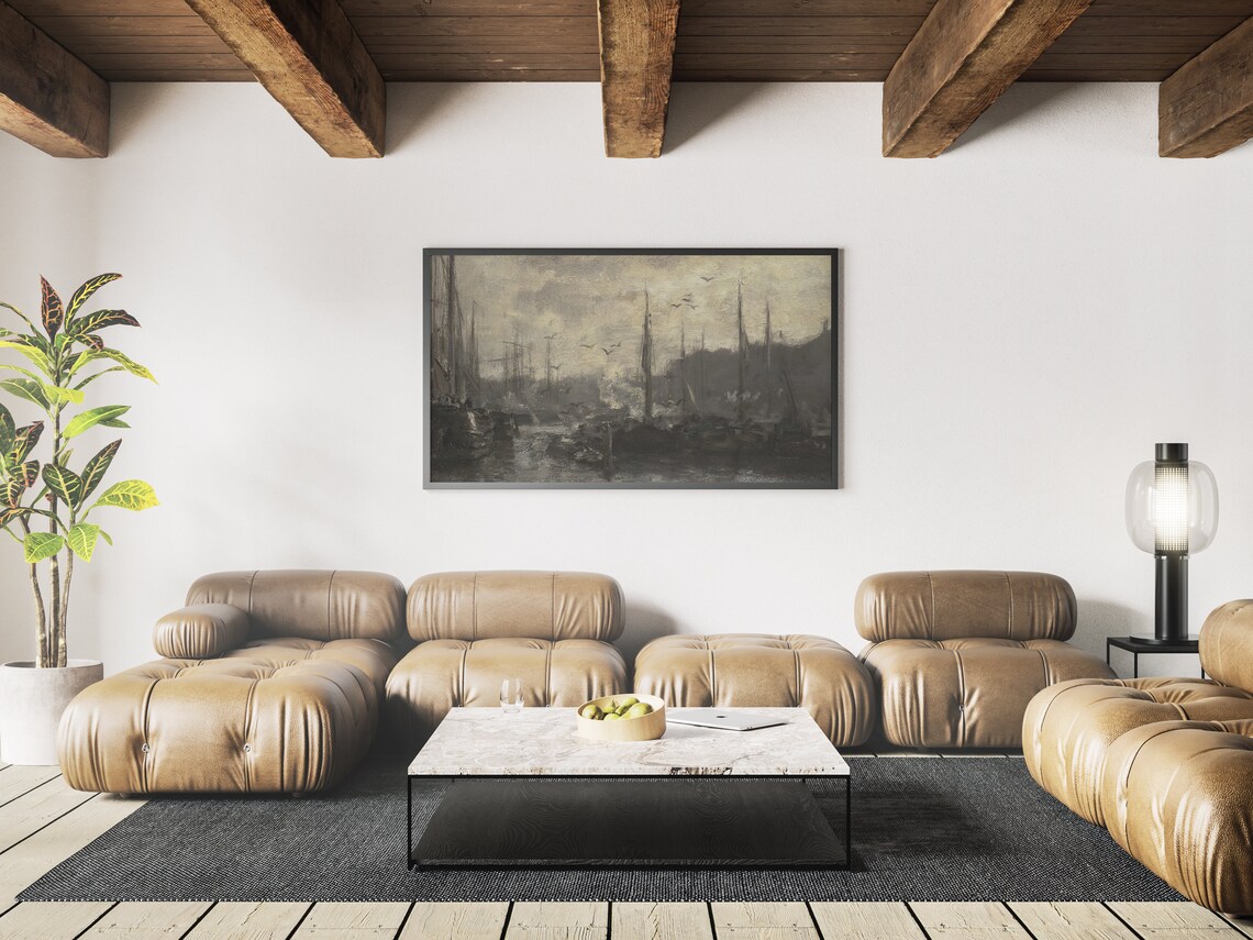 Frame Tv Moody Harbour Painting Dark Nautical Sailboats Frame For Tv - Image 3