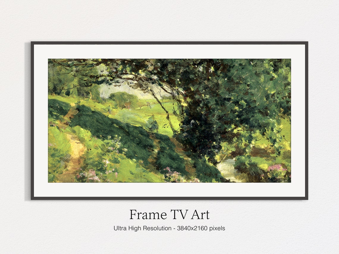 Summer Forest Path Painting Lush Green Woodland Stream Landscape Art - Image 5