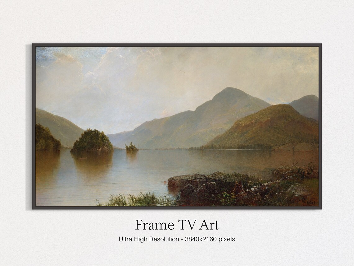 Vintage Mountain Lake Serene Calm Water Reflection Landscape Print