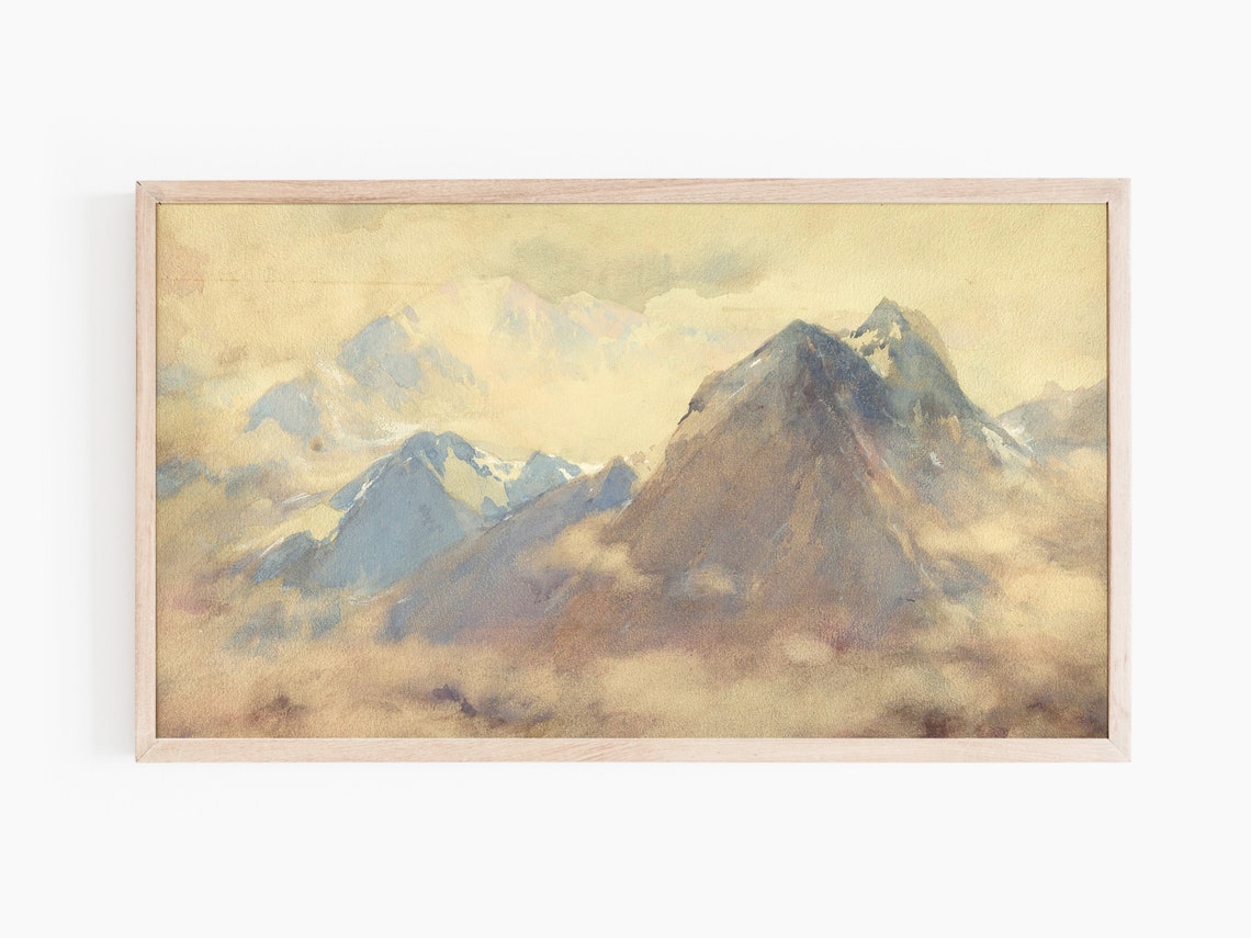 Misty Mountain Peaks Watercolor Painting Soft Alpine Landscape Poster - Image 3