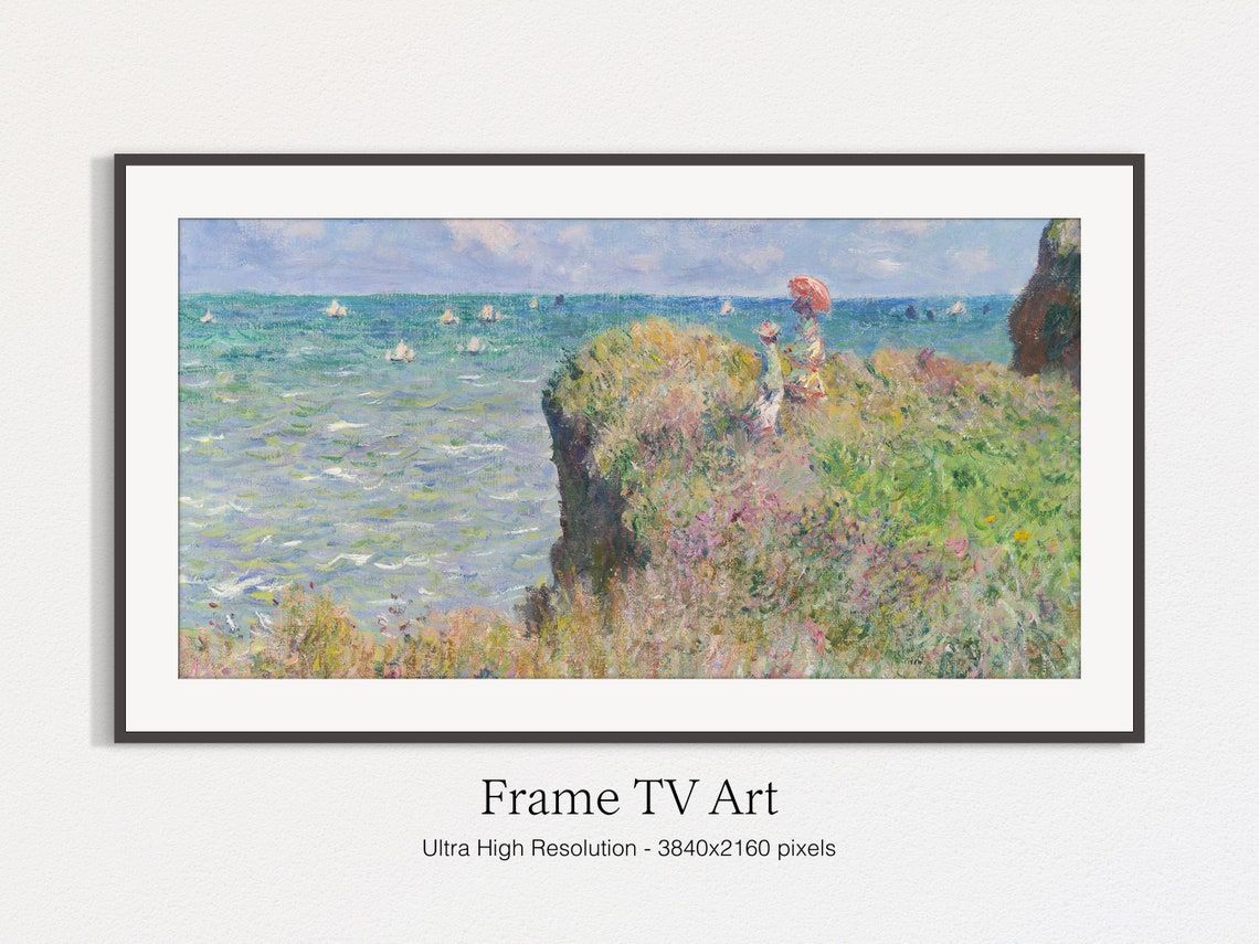 Seaside Cliff Walk Sailboats Woman With Red Parasol Art Print - Image 4